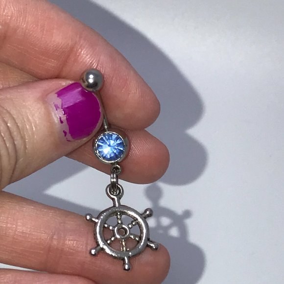 Light Blue Gem Nautical Wheel Design Dangle Belly Ring - Picture 3 of 6